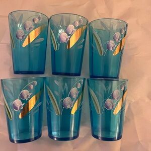 Vintage Dugan Glass Co. azure blue enameled tumblers floral pattern set of 6